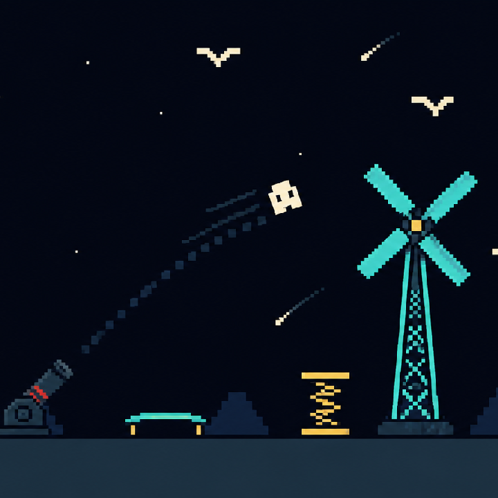 Pixelgrafisk scene fra Launch it! med kanon, trampoline, springfjeder og vindmølle